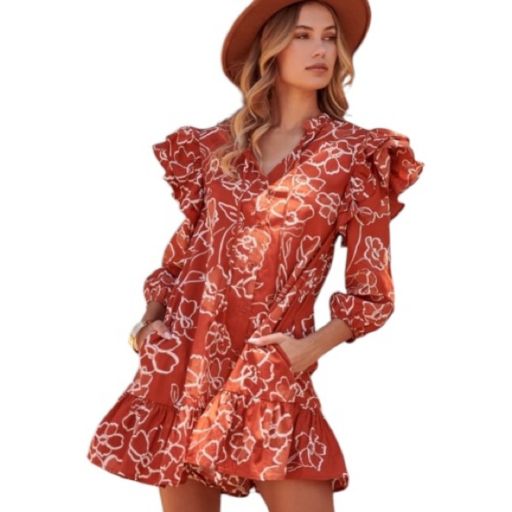 Sugar Lips Sammy Marmalade Ruffle Drop Waist Dress Floral in Rust, Size: Small - Picture 3 of 6
